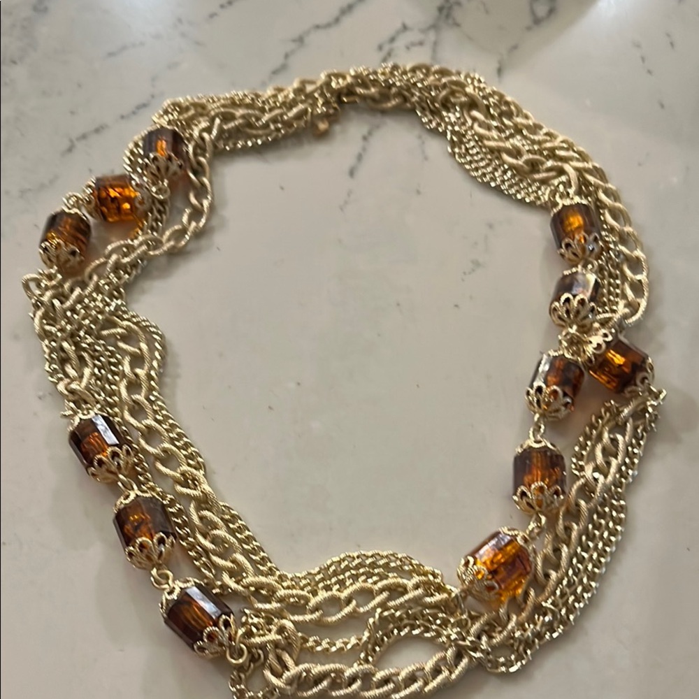 Sarah Coventry Elegant Gold and Amber Long Vintage Estate Necklace